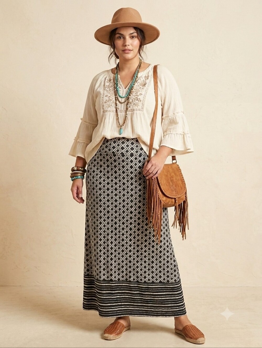 Max Studio Geometric Diamond Print Maxi Skirt Black White Large Rayon Boho Chic